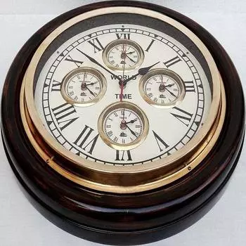 Настенные часы антикварные с мировым временем и временем 5 стран, деревянные
