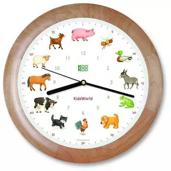 Настенные часы KOOKOO Kids World с рисунком под дерево и голосами животных. 12 разных животных на ферме, которые говорят время. Милые настенные часы, идеально подходящие для комнат.