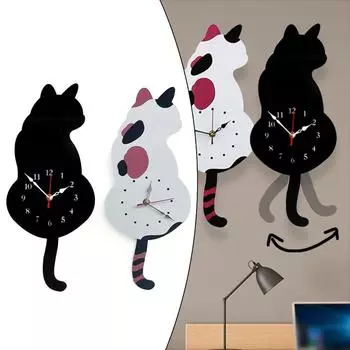Настенные часы с маятником в виде черного кота Кошачьи часы с движущимся хвостом Кошачьи качающиеся настенные часы белый