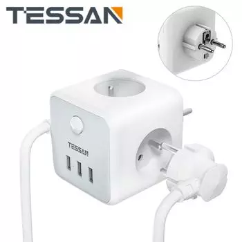 Настенный удлинитель TESSAN FR Cube с 3 французскими розетками и 3 USB-портами для зарядки, адаптер питания с несколькими розетками 6 в 1 для дома 3 Outlets & 3 USB Ports серый