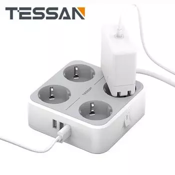 Настенный удлинитель TESSAN с несколькими розетками и переключателем, 4/6/8 розеток переменного тока, 3 порта USB, удлинитель европейского стандарта с кабелем длиной 2 м для дома 4 Outlet & 3 USB Ports серый
