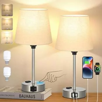 Настольные лампы для спальни Набор из 2 прикроватных ламп с портом USB C и розеткой переменного тока для зарядки, сенсорная лампа для спальни с регулируемой яркостью