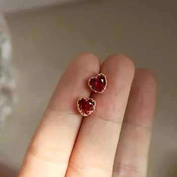 Настоящее серебро 925 пробы, 14-каратное золото, сердце, красный циркон, серьги-гвоздики для женщин, свадебные роскошные дизайнерские ювелирные изделия с