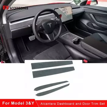 Настоящие черные отделки из алькантары для Tesla Model 3/Y, внутренняя отделка, панель приборов и дверная отделка, модификация, декоративная панель