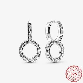 Настоящие серьги-кольца из стерлингового серебра 925 пробы, сверкающие двойные серьги-кольца для женщин, свадебные подарки, модные украшения для вечеринок