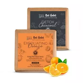 Nat Habit отшелушивающее мыло для ванны с апельсином и детокс-древесным углем и маслом, обработанное холодной обработкой для уменьшения шрамов, удаления загара и отшелушивания (125 г x 2, Комбо)