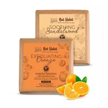 Nat Habit Успокаивающее мыло для ванны с маслом сандала и апельсина, отшелушивающее, с холодной обработкой для отбеливания кожи и детоксикации (125 г x 2, Комбо)