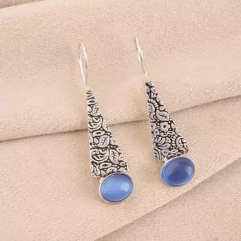 Natural Dark Blue Cat s Eye Gemstone 925 Sterling Silver Jewelry Earrings 1.9 EE-165-42