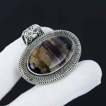 Natural Fluorite Gemstone Silver Pendant in 925 Sterling Silver- Handmade Design, Everyday Wear Jewelry, Antique Pendant Gifts For Mom 2.36 коричневый