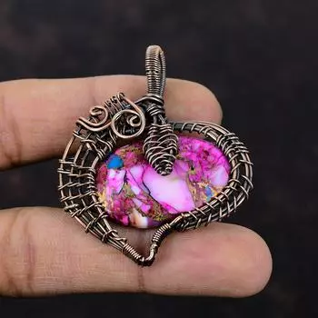 Natural Kingman Pink Dahlia Turquoise Pendant Copper Wire Wrapped Pendant Handmade Pendant Wire Jewelry Gift For Him Gemstone Copper Jewelry