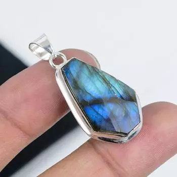 Natural Labradorite Gemstone Pendant 925 Sterling Silver- Handmade Coffin Design, Everyday Wear Jewelry, Unique Labradorite Pendant Birthday Gifts 2.36 синий