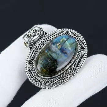 Natural Labradorite Gemstone Silver Pendant in 925 Sterling Silver- Handmade Design, Everyday Wear Jewelry, Antique Pendant Easter Gifts 2.36 синий