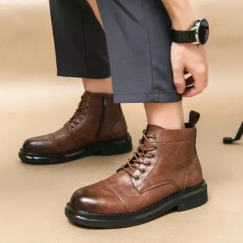 Natural Leather Mens Winter Boots Lace Up Handmade Retro Men Boots Genuine Leather Men Winter Business Dating Formal Party Shoes 38 чёрный
