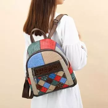 Натуральная кожа Цветной Маленький рюкзак Женская сумка через плечо Кожаная сумка через плечо в этническом стиле в стиле ретро из коровьей кожи Tide чёрный