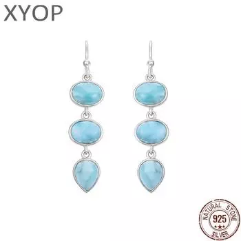 Натуральные драгоценные длинные серьги Larimar для женщин, новые простые модные геометрические очаровательные ювелирные изделия из стерлингового серебра 925 пробы, подарок, классика