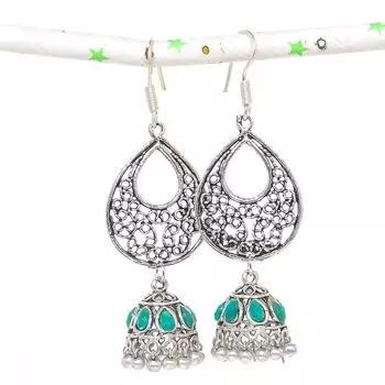 Натуральные индийские серьги Jhumki с драгоценным камнем, серебряные серьги в племенном стиле Бали, 2,76 дюйма, Z5G35