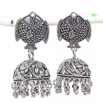 Натуральные индийские серьги Jhumki с драгоценным камнем, серебряные серьги в племенном стиле Бали, 2,05 дюйма, P2g43