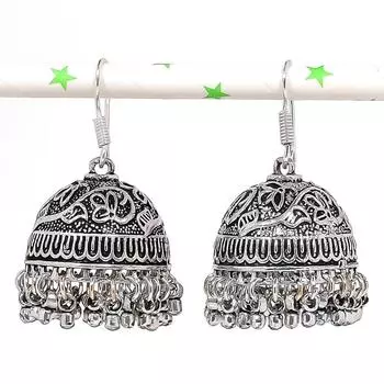 Натуральные индийские серьги Jhumki с драгоценным камнем, серебряные серьги в племенном стиле Бали, 1,77 дюйма, J5I46
