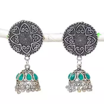 Натуральные индийские серьги Jhumki с драгоценным камнем, серебряные серьги в племенном стиле Бали, 1,97 дюйма, j4m10