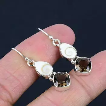 Натуральные серьги с дымчатым кварцем Shiva Eye, серебро 925 пробы, висячие серьги ручной работы, ювелирный подарок на День святого Валентина коричневый/белый