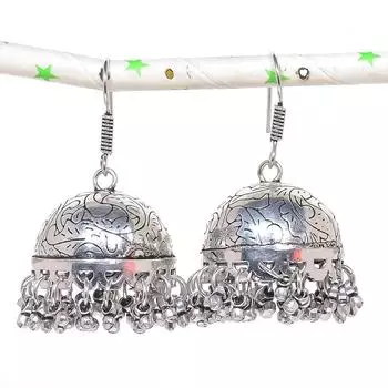 Натуральные серебряные серьги Jhumki с драгоценным камнем в индийском стиле в этническом стиле Бали 2,05 дюйма H6f10