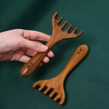 Натуральный золотой сандаловый массажер для кожи головы с пятью когтями, инструмент гуаша, чесалка для спины, спа, ручная меридианная массажная расческа для ухода за волосами 1 PC