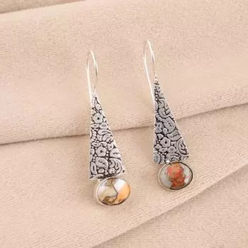 Natural Orange Copper Turquoise Gemstone 925 Solid Silver Jewelry Earrings 1.9 EE-165-44