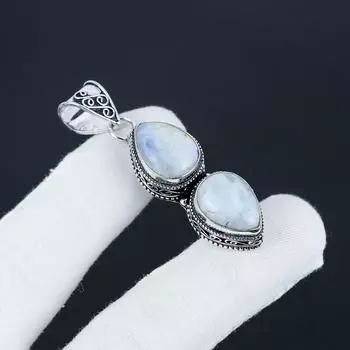 Natural Rainbow Moonstone Silver Pendant in 925 Sterling Silver - Handmade Pear Design, Everyday Wear Jewelry Anniversary Gift 2.35 синий