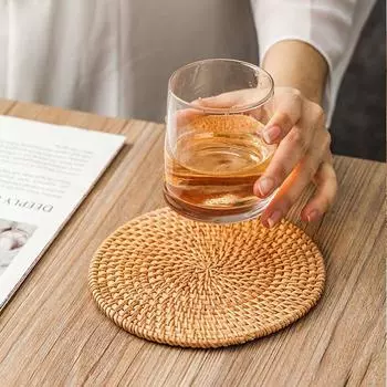 Круглая подставка из натурального ротанга, поднос для чая, кружка, чайник, подставка для чая, кофе, теплоизоляционный коврик, кухонные принадлежности S