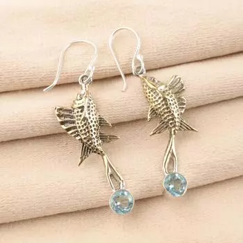 Natural Sky Blue Topaz Gemstone 925 Sterling Silver Handmade Hook Earrings 2.17 EE-148-2