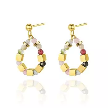 Natural Stone Beaded Spacer Square Dice Stud Earrings Titanium Steel Plated Real Gold Women S French Retro Stainless Steel Earrings Plated with 14k real gold