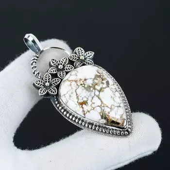 Natural Wild Horse Gemstone Silver Pendant in 925 Sterling Silver- Handmade Flower Design, Everyday Wear Jewelry, Unique Pendant Party Wear Gift 2.55 белый