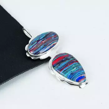 Naturn Rainbow Calsilica Gemstone Silver Pendant in 925 Sterling Silver- Handmade Design, Everyday Wear Jewelry, Unique Pendant Wadding Gifts синий