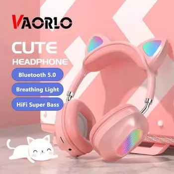 Наушники VAORLO Cat Ear, беспроводные наушники с дыхательным светом, поддержка TF-карт, микрофон Nosie Cancel, гарнитура с низкой задержкой для игр белый