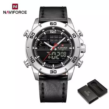 Naviforce Мужские кожаные часы-хронограф, кварцевые, с календарем, водонепроницаемые 3 АТМ, с ночным узором, люминесцентными стрелками, многофункциональные мужские часы NF9253L чёрный/серебряный