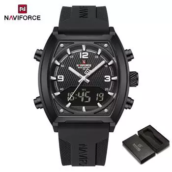 Naviforce Мужские кварцевые цифровые часы LCD Хронограф Дата Светящиеся стрелки Водонепроницаемость 30 м Силиконовый ремешок Спортивные Наружные Мужские наручные часы NF9242 чёрный
