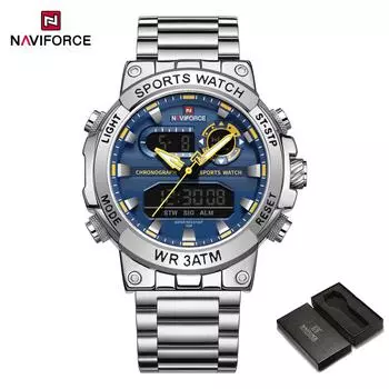 Naviforce Оригинальные мужские часы с цифровым дисплеем, кварцевые, с календарем, наручные, с браслетом из нержавеющей стали, люминесцентные, водонепроницаемые, модные мужские часы NF9237 серебряный/синий