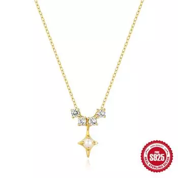 Necklace, Fashion Trend S925 Sterling Silver Mobile Zircon Tetragonal Star Pearl Necklace Temperament Autumn And Winter Collarbone Chain 925 silver золотой