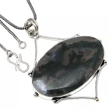 Necklace Moss Agate Gemstone Handmade Antique Silver Jewelry 2.25