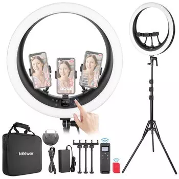 NEEWER 19 Inch LED Ring Light RP19H with Light Stand and 3 Smartphone Holders Actress Light Control Smooth Dimming LCD and Touch Control 42W CRI