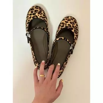 Nei Zeng~ Leather platform leopard print Mary Jane single shoes women s autumn thick heel ballet shoes one-word buckle wedge heel ladyshoes 35