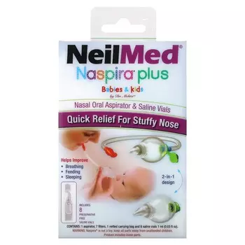 NeilMed, Naspira Plus, назальный аспиратор и флакон с физиологическим раствором, для детей и малышей, набор из 17 предметов