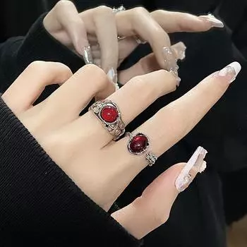 Необычные кольца с опалом, эстетическое Egirl, полые винтажные кольца с красным камнем для женщин, Y2k, открытое кольцо с бутоном цветка, модные ювелирные изделия