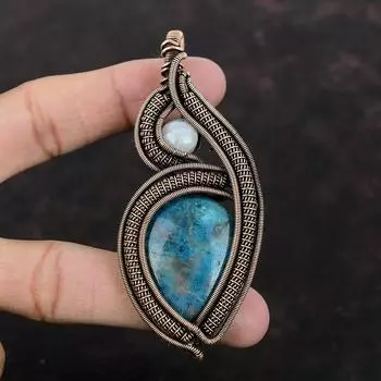 Neon Apatite Pendant Copper Wire Wrapped Pendant Rainbow Moonstone Pendant Handmade Gemstone Jewelry Unique Pendant For Gift Copper Jewelry