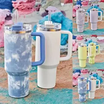 Нержавеющая сталь Tie Dye Термальная бутылка для воды Кофейная соломенная чашка 40 унций Стакан с ручкой Посуда для напитков Дорожная автомобильная кружка Термос 1200ml