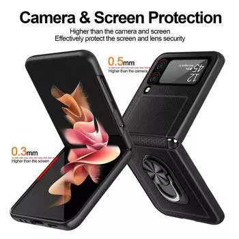 Нескользящий держатель с кольцом, тонкий кожаный чехол для Samsung Galaxy Z Flip 3, 5 г Flip3, складной чехол с защитой от падения для Samsung Z Flip 3 for Galaxy Z Flip 3 чёрный