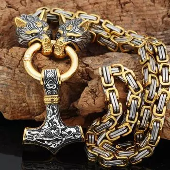 Never Fade Men Нержавеющая сталь Голова дракона Norse Amulet Thor Hammer Подвеска Цепочки и ожерелья Viking King Chain 50cm long золотой
