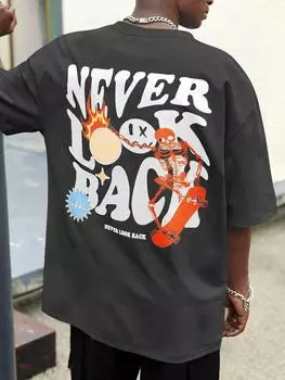 Never Look Back Creative Smile Skull Print Cartoon Fashion Top Unisex s Loose T-shirt Pure Cotton Street Wear Unisex s T-shirt M