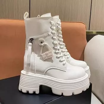 New 2024 Autumn Platform Mid-calf Boots 9CM High Heels Women Thick Sole Winter Leather Punk Shoes Chunky Motorcycle Boots Woman 34 коричневый