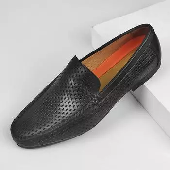 New 2024 Summer Breathable Men s Genuine Leather Footwear Comfortable Leather Shoes For Men Lightweight Slip-on Men Loafers 6 чёрный